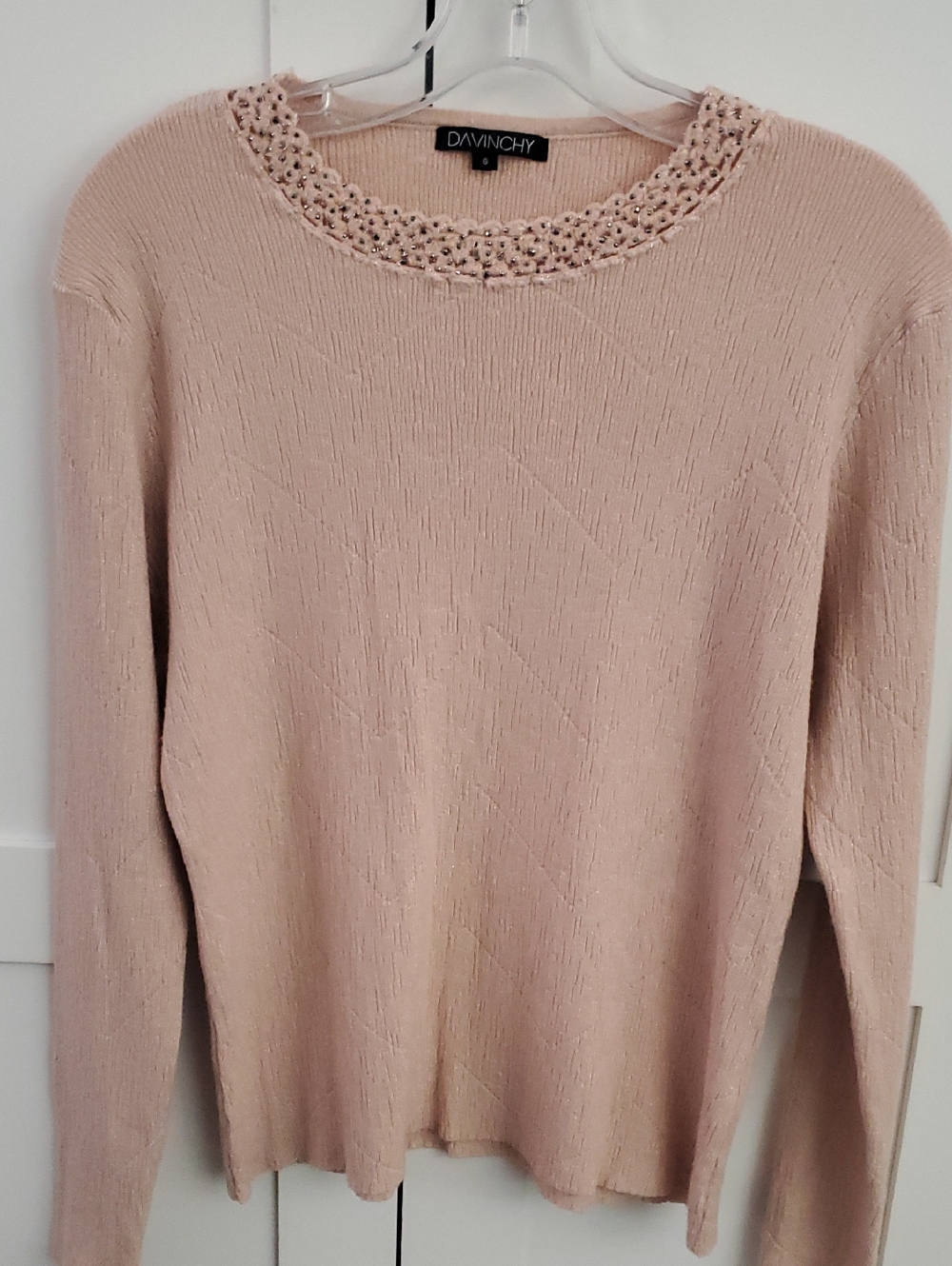 Davinchy Blush Crewneck Sweater with Embellished Neckline